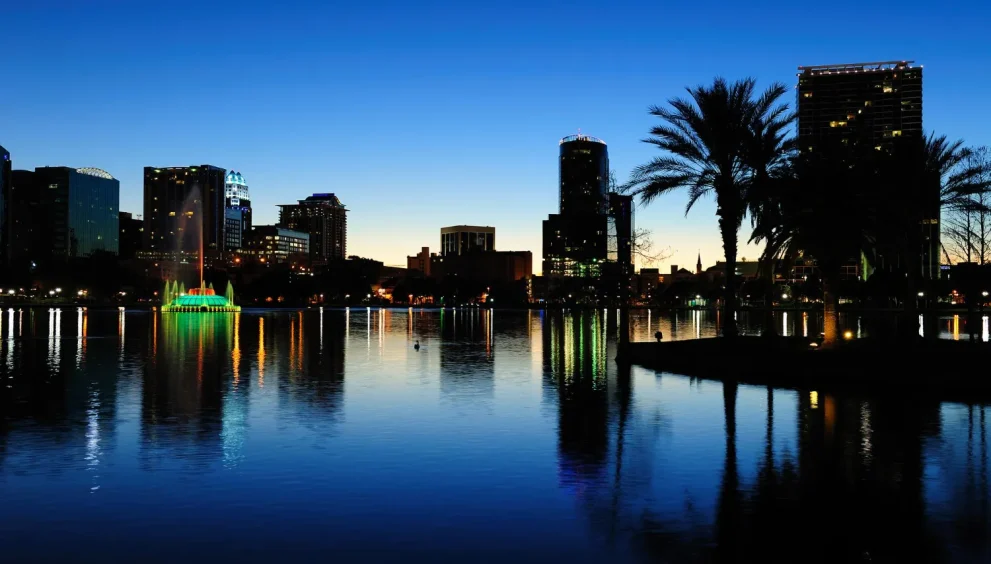 Orlando city skyline at dusk.