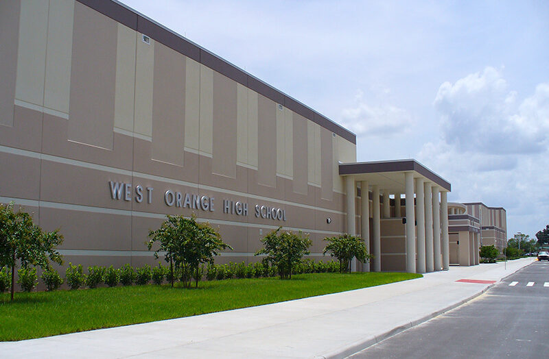 West Orange High School exterior — Orange County Public Schools ends “Witchy Wednesday” segment after Liberty Counsel complaint.