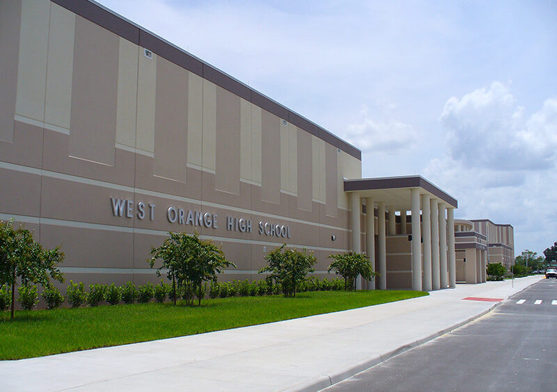 West Orange High School exterior — Orange County Public Schools ends “Witchy Wednesday” segment after Liberty Counsel complaint.