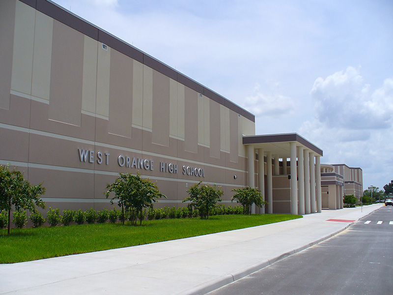 West Orange High School exterior — Orange County Public Schools ends “Witchy Wednesday” segment after Liberty Counsel complaint.