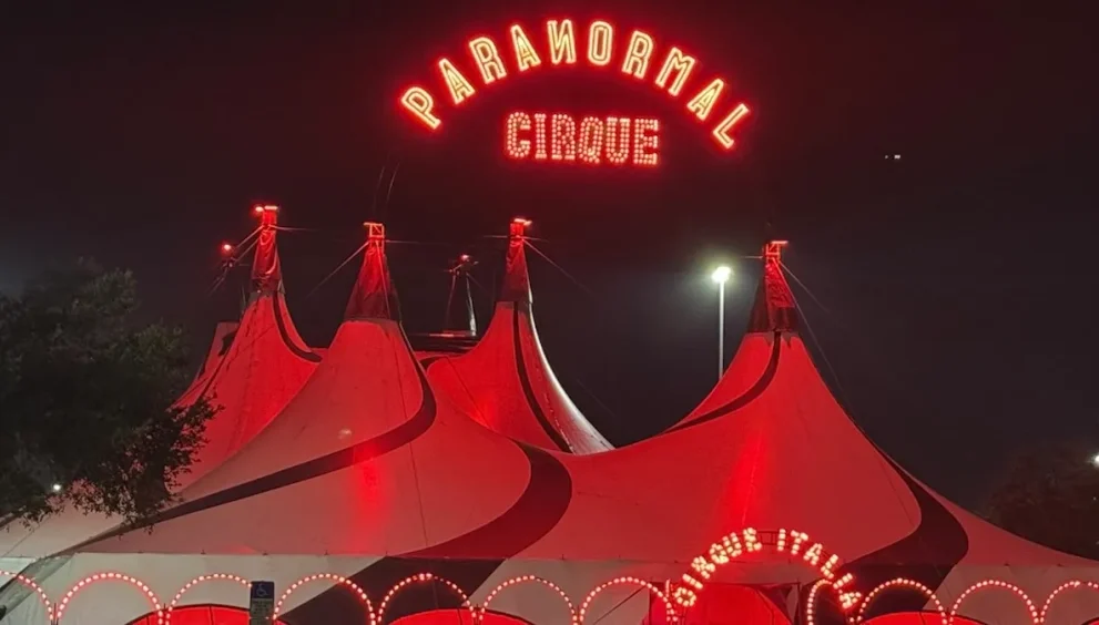 Paranormal Cirque II red-and-black tent circus performance in Oviedo, Fl.