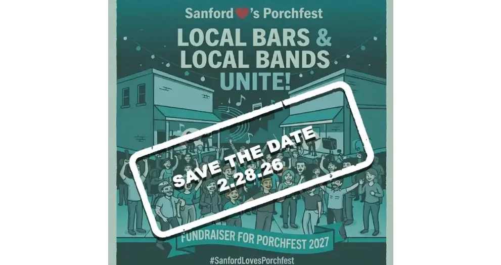 Flyer for Sanford Porchfest Fundraiser. Photo credit: Sanford Porchfest.