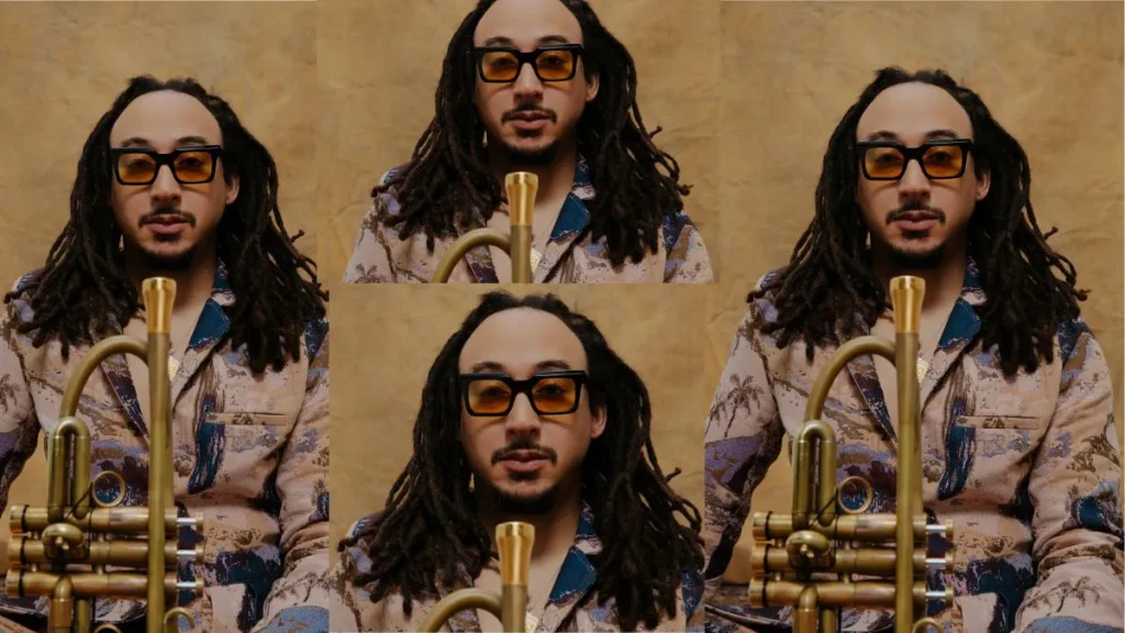 Collage of jazz trumpeter Theo Croker holding a trumpet against a gold backdrop, featuring repeated portrait variations in an editorial layout