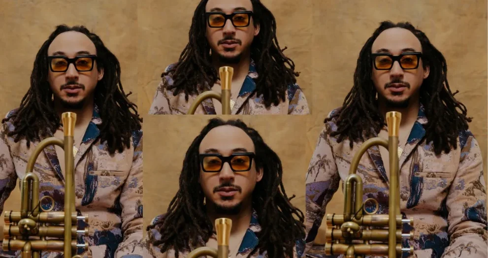 Collage of jazz trumpeter Theo Croker holding a trumpet against a gold backdrop, featuring repeated portrait variations in an editorial layout