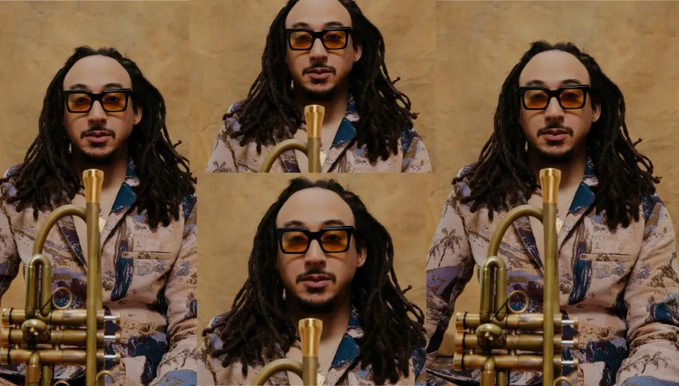 Collage of jazz trumpeter Theo Croker holding a trumpet against a gold backdrop, featuring repeated portrait variations in an editorial layout