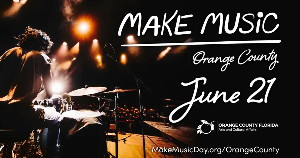 Make Music Orange County 2026 event flyer featuring a drummer performing before a live audience.