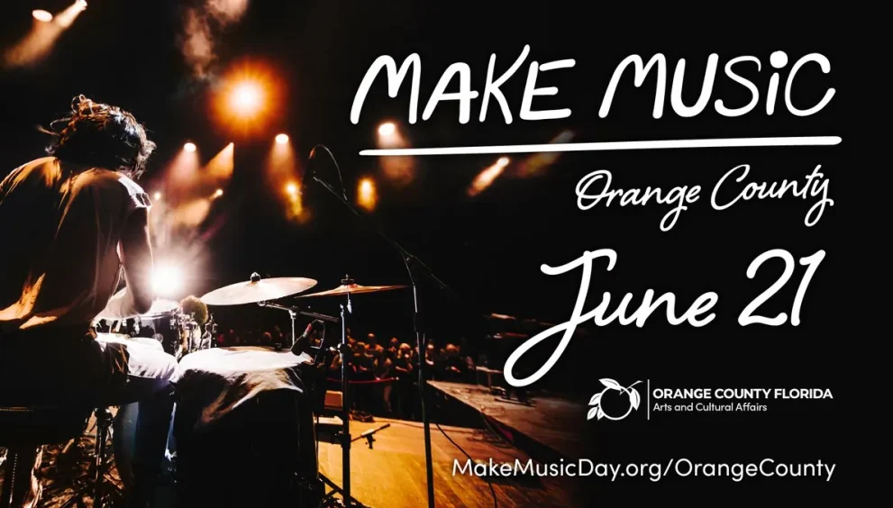 Make Music Orange County 2026 event flyer featuring a drummer performing before a live audience.