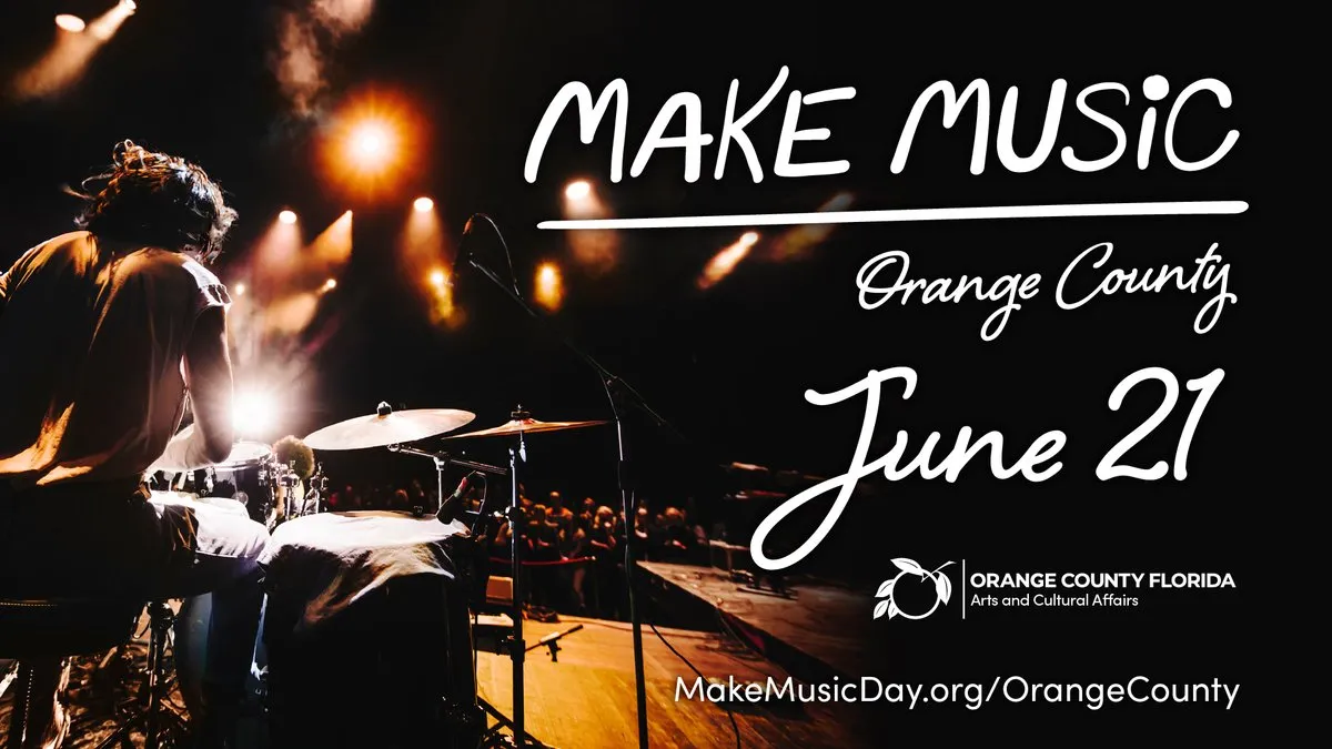 Make Music Orange County 2026 event flyer featuring a drummer performing before a live audience.