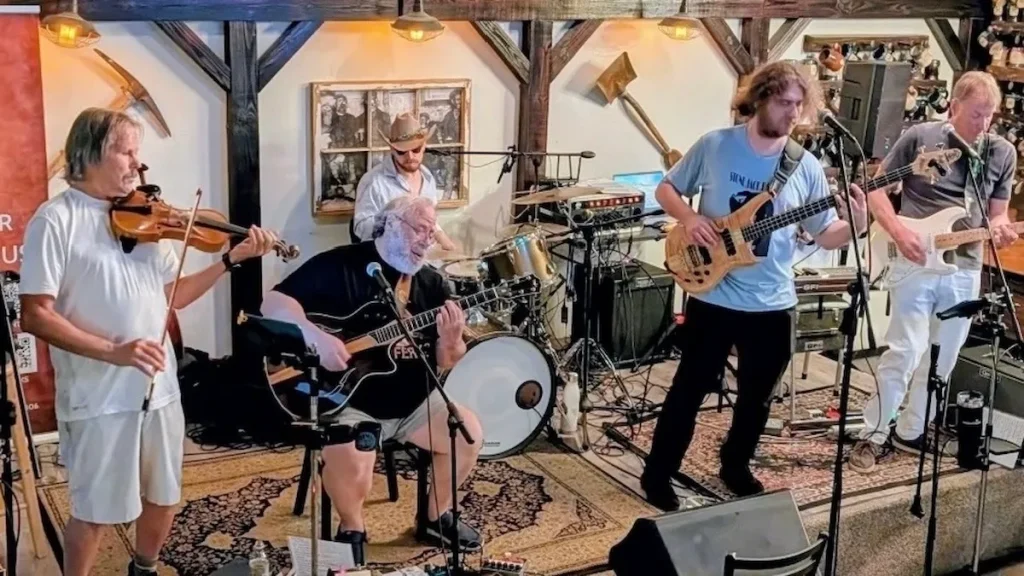 Members of The Rusty Strings performing live during a Grateful Dead-inspired concert in Central Florida.